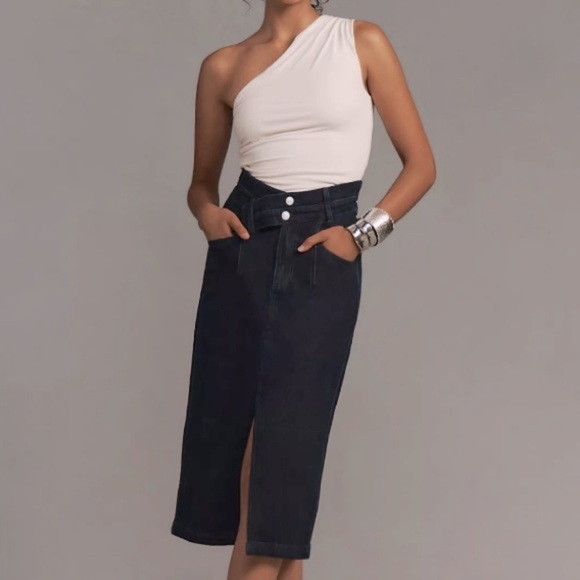 Anthropologie Pilcro The Arden Double-Waist Denim Midi Skirt Dark Wash Size 4 - Picture 1 of 10